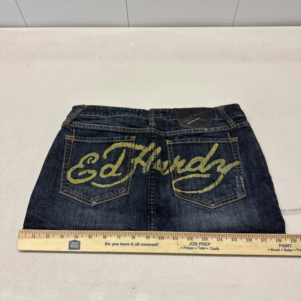 Vintage Ed Hardy Denim Mini Skirt Womens 28 Dark Blue Spell Out Rhinestones‎